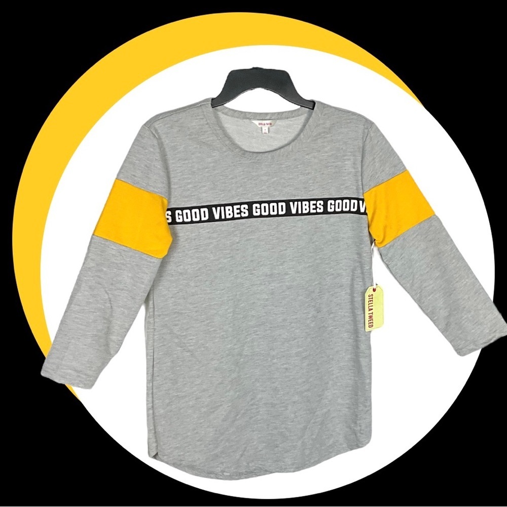 Stella Tweed New w Tag Marbled Gray w Yellow Bands Good Vibes Jersey Shirt Wm M